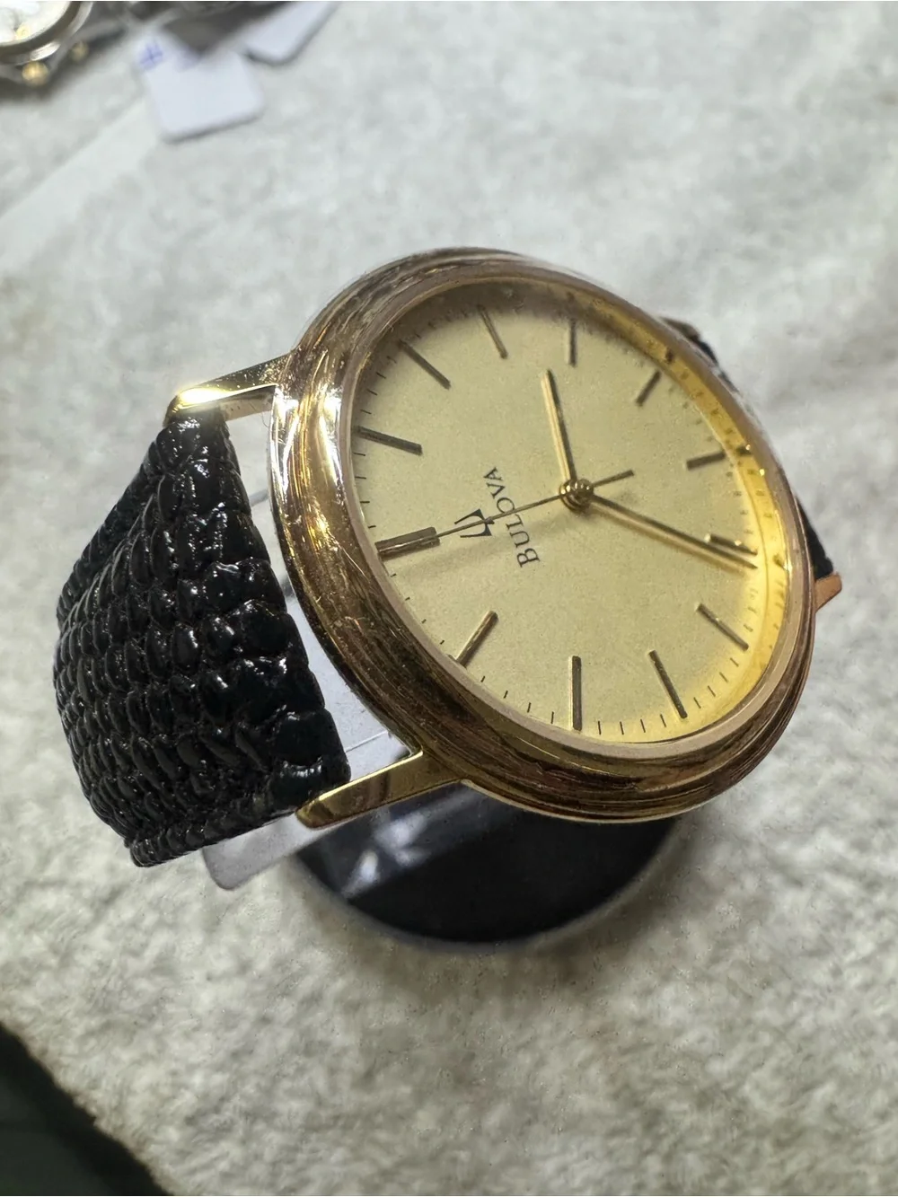 Bulova Gold Dial Men's Watch with Black Leather Strap
